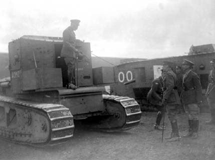 King inspects tank training corps at Southern Depot. King on a Whippet on which he rode to the demonstration. 25 October 1918, Great Britain Copyright: Topfoto  UnitedArchivesEU060928