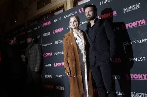 Margot Robbie and Sebastian Stan arrive on the red carpet at the I, Tonya New York Premiere at Village East Cinema on November 28, 2017 in New York City.  NYP20171128107 JOHNxANGELILLO