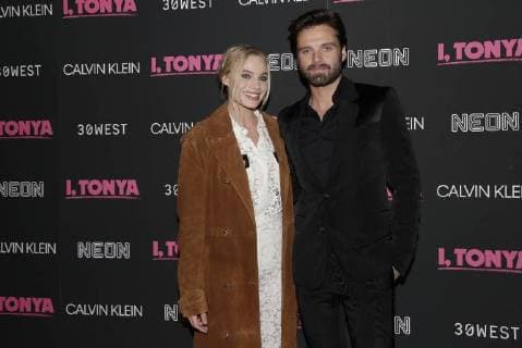 Margot Robbie and Sebastian Stan arrive on the red carpet at the I, Tonya New York Premiere at Village East Cinema on November 28, 2017 in New York City.  NYP20171128109 JOHNxANGELILLO