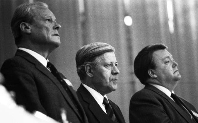 SPD- Parteitag 1982 DEU, Deutschland, München: SPD-Parteitag April 1982. Willy Brandt, Helmut Schmidt, Holger Börner DEU, Germany, Munich: SPD party April 1982. Bayern