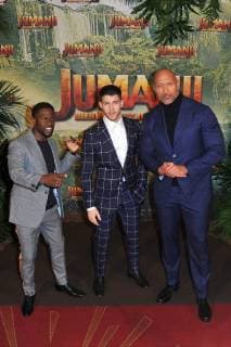 Kevin Hart, Nick Jonas and Dwayne Johnson attend Jumanji movie premiere at Le Grand Rex in Paris, France, on December 05, 2017. Photo by Favier E-PRESSPHOTO.COM Paris France  564599