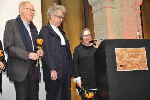 Ulrich Gregor, Wim Wenders, Agniezka Holland (Chairwoman EFA Board) 30 Jahre European Film Award (EFA) Birthday Party in der Akademie der Wissenschaften in Berlin am 08.12.2017