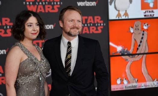 Director director Rian Johnson and Karina Longworth attend the premiere of the sci-fi motion picture fantasy Star Wars: The Last Jedi at the Shrine Auditorium in Los Angeles on December 9, 2017. Storyline: Having taken her first steps into the Jedi world, Rey joins Luke Skywalker on an adventure with Leia, Finn and Poe that unlocks mysteries of the Force and secrets of the past.  LAP2017120909 JIMxRUYMEN