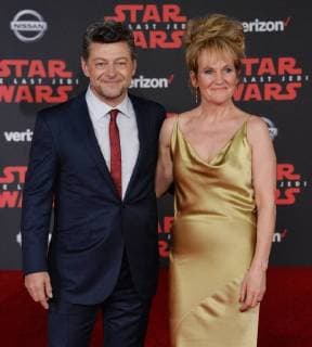Cast member Andy Serkis and his wife, actress Jayne Ashbourne attend the premiere of the sci-fi motion picture fantasy Star Wars: The Last Jedi at the Shrine Auditorium in Los Angeles on December 9, 2017. Storyline: Having taken her first steps into the Jedi world, Rey joins Luke Skywalker on an adventure with Leia, Finn and Poe that unlocks mysteries of the Force and secrets of the past.  LAP2017120930 JIMxRUYMEN