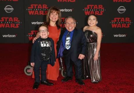 LOS ANGELES, CA - DECEMBER 9: Warwick Davis, Samantha Davis, Lloyd Davis, Annabelle Davis, at Premiere Of Disney Pictures And Lucasfilm s Star Wars: The Last Jedi at Shrine Auditorium in Los Angeles, California on December 9, 2017. Copyright: xFayexSadoux
