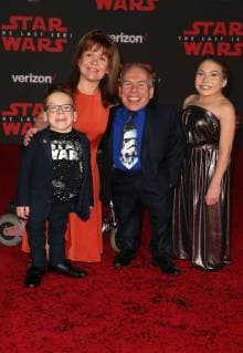 LOS ANGELES, CA - DECEMBER 9: Warwick Davis, Samantha Davis, Lloyd Davis, Annabelle Davis, at Premiere Of Disney Pictures And Lucasfilm s Star Wars: The Last Jedi at Shrine Auditorium in Los Angeles, California on December 9, 2017. Copyright: xFayexSadoux
