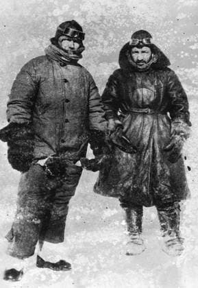 SS Chelyuskin , a Soviet steamship sent out on an expedition to navigate through polar ice along the Northern Maritime Route from Murmansk to Vladivostok , has became ice-bound in Arctic waters during navigation . It was caught in the ice fields in September. After that it drifted in the ice pack before sinking on February 13 , 1934, crushed by the icepacks near Kolyuchin Island in the Chukchi Sea . The crew managed to escape onto the ice and built a makeshift airstrip using only a few spades , ice shovels and two crowbars , which helped in the rescue of the crew . Fifty three men walked over the ice with stores on husky sleds . Photo shows ; Members of the expedition in winter clothing . June 1934, Russia Federation Copyright: Topfoto  !ACHTUNG AUFNAHMEDATUM GESCHÄTZT! UnitedArchivesEU038093