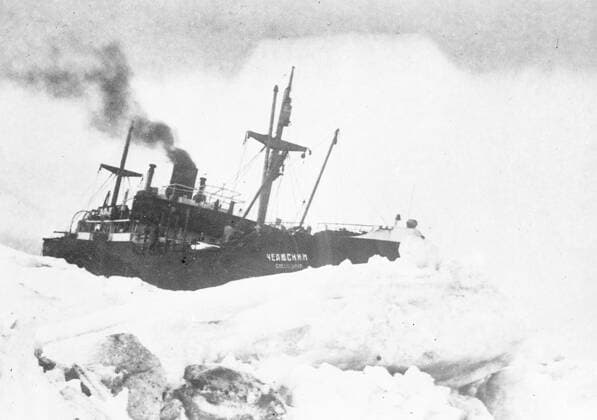 SS Chelyuskin , a Soviet steamship sent out on an expedition to navigate through polar ice along the Northern Maritime Route from Murmansk to Vladivostok , has became ice-bound in Arctic waters during navigation . It was caught in the ice fields in September. After that it drifted in the ice pack before sinking on February 13 , 1934, crushed by the icepacks near Kolyuchin Island in the Chukchi Sea . The crew managed to escape onto the ice and built a makeshift airstrip using only a few spades , ice shovels and two crowbars , which helped in the rescue of the crew . Fifty three men walked over the ice with stores on husky sleds . Photo shows ; The SS Chelyuskin being crushed by the ice . 1934, Russia Federation Copyright: Topfoto  !ACHTUNG AUFNAHMEDATUM GESCHÄTZT! UnitedArchivesEU038096