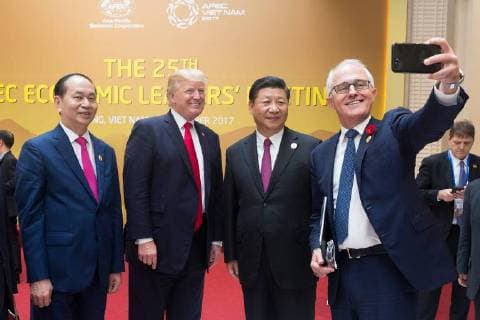 December 11, 2017 - Danang, Vietnam - Australian Prime Minister Malcolm Turnbull, right, takes a selfie with Vietnamese Prime Minister Nguyen Xuan Phuc, left, U.S President Donald Trump, center, and Chinese President Xi Jinping during the APEC Leaders Summit November 11, 2017, in Danang, Vietnam. Danang Vietnam - ZUMAp138 20171211_zaa_p138_044 Copyright: xD.xMylesxCullenx