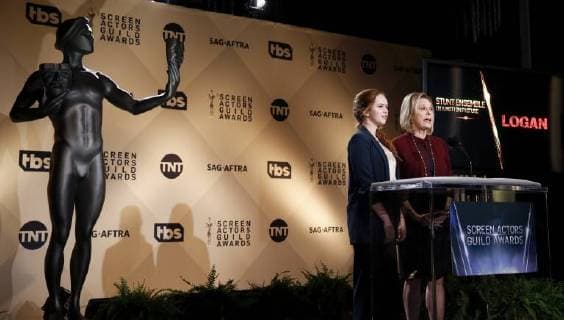 (171213) -- LOS ANGELES, Dec. 13, 2017 -- SAG Awards Committee Chair JoBeth Williams (R) and SAG Awards Committee Member Elizabeth McLaughlin announce the nominations for Stunt Ensemble Action Performance at the 24th Annual Screen Actors Guild Awards in Los Angeles, the United States, on Dec. 13, 2017. Nominees for the 24th Annual Screen Actors Guild Awards (SAG) were announced on Wednesday at the Pacific Design Center in West Hollywood. ) U.S.-LOS ANGELES-THE 24TH ANNUAL SAG-NOMINATIONS LixYing 