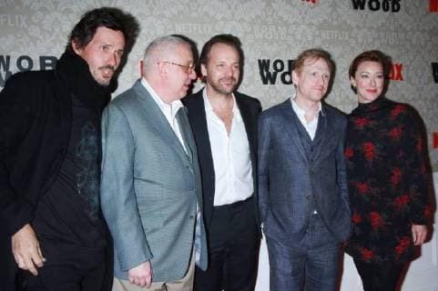 NEW YORK, NY - DECEMBER 12: Christian Camargo, Errol Morris, Peter Sarsgaard, Scott Shepherd and Molly Parker at the Netflix premiere of Wormwood at The Campbell in New York City on December 12, 2017. Copyright: xRWx
