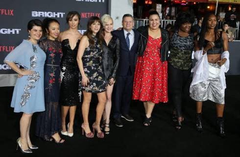 WESTWOOD, CA - DECEMBER 13: Rebekka Johnson, Kia Stevens, Brit Baron, Jackie Tohn, Kimmy Gatewood, Ted Sarandos, Britney Young, at Premiere Of Netflix s Bright at The Regency Village Theatre, In Hollywood, California on December 13, 2017. Copyright: xFayexSadoux