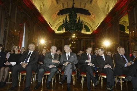 Arlin Bagdat, RTBF board chairman Jean-François Raskin, Baron Paul Buysse, King Philippe - Filip of Belgium, Alexis Brouhns, Baron Luc Vansteenkiste and Paul Lembrechts pictured during the award ceremony of Belgodyssee at Royal Palace, Thursday 14 December 2017 in Brussels.  NICOLASxMAETERLINCK 05218776