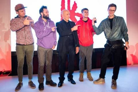 MOSCOW, RUSSIA - DECEMBER 15, 2017: Members of Gruppirovka ZIP (ZIP art group), Eldar Ganeyev (L), Yevgeny Rimkevich (2nd L), Vasily Subbotin (2nd R), Stepan Subbotin (R), winners of the 11th Kandinsky Prize in the Project of the Year category (entry Ostanovka DK ZIP , or the busstop ZIP Culture House , an allusion on the ZIL House of Culture), and a member of the Kandinsky Prize board of trustees, Shalva Breus (C), at the 11th Kandinsky Prize ceremony at the Udarnik Cinema. Sergei Bobylev TASS  TS06D564
