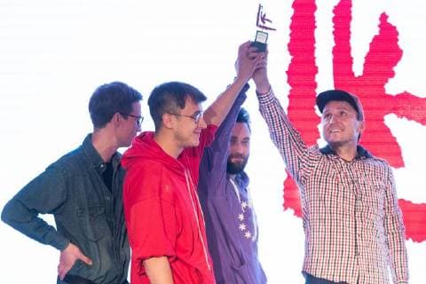 MOSCOW, RUSSIA - DECEMBER 15, 2017: Members of Gruppirovka ZIP (ZIP art group), Vasily Subbotin, Stepan Subbotin, Yevgeny Rimkevich, Eldar Ganeyev(L-R), winners of the 11th Kandinsky Prize in the Project of the Year category (entry Ostanovka DK ZIP , or the busstop ZIP Culture House , an allusion on the ZIL House of Culture), at the 11th Kandinsky Prize ceremony at the Udarnik Cinema. Sergei Bobylev TASS  TS06D567