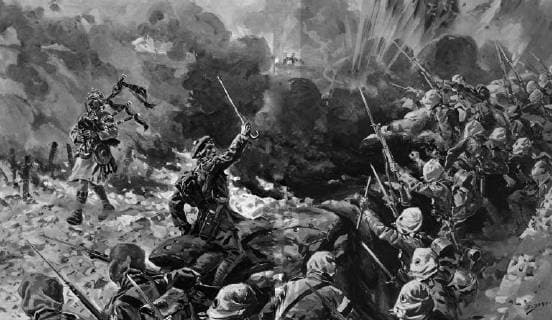 How Piper Laidlaw won the Victoria Cross at Loos : Emulating the heroism of Piper Findlater at Dargai . Playing The Flowers of the Forest outside the British trenches under German fire : Piper Daniel Laidlaw , of the King s Own Scottish Borderers heartens his comrades with the skirl of the pipes in absolute disregard of danger . 25 September 1915, France Copyright: Topfoto  !ACHTUNG AUFNAHMEDATUM GESCHÄTZT! UnitedArchives1327345