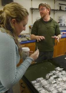 December 18, 2017 - U.S. - ASEC -- UNM Associate professor Cori Myers, left, and Honors College associate professor Jason Moore talk about plans for relocating fossil and frozen mammal collections in Northrup Hall to the now empty Biology Annex. U.S. - ZUMAab1_ 20171218_zaf_ab1_005 Copyright: xGregxSorberx