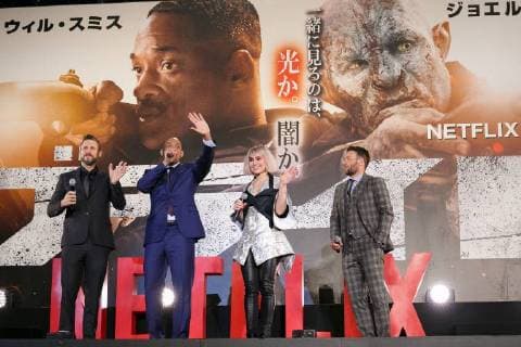 (L to R) Director David Ayer, Will Smith, actress Noomi Rapace and Joel Edgerton, greet fans during the Japan premiere for the movie Bright on December 19, 2017, Tokyo, Japan. The casts received a warm welcome from the Japanese fans at the event. The film will be released globally on Netflix on December 22.  (gxta_brightjp015)