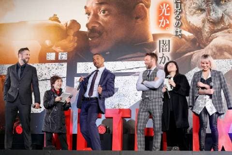(L to R) Director David Ayer, Will Smith, Joel Edgerton and actress Noomi Rapace, attend the Japan premiere for the movie Bright on December 19, 2017, Tokyo, Japan. The casts received a warm welcome from the Japanese fans at the event. The film will be released globally on Netflix on December 22.  (gxta_brightjp027)