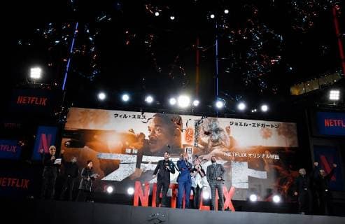 (L-R)Director David Ayer, actors Will Smith, Noomi Rapace and Joel Edgerton attend the Japan premier for the film Bright in Tokyo, Japan on December 19, 2017.  TKP2017121906 KEIZOxMORI