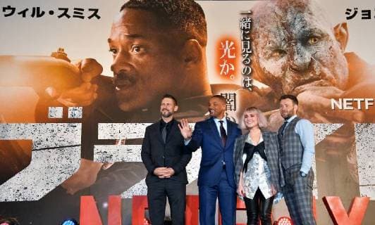 (L-R)Director David Ayer, actors Will Smith, Noomi Rapace and Joel Edgerton attend the Japan premier for the film Bright in Tokyo, Japan on December 19, 2017.  TKP2017121903 KEIZOxMORI