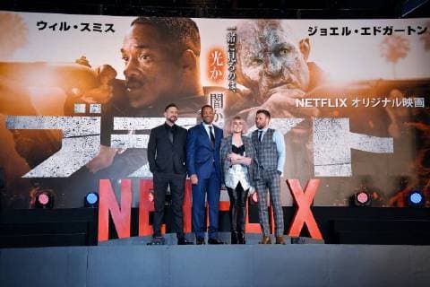 (L-R)Director David Ayer, actors Will Smith, Noomi Rapace and Joel Edgerton attend the Japan premier for the film Bright in Tokyo, Japan on December 19, 2017.  TKP2017121902 KEIZOxMORI
