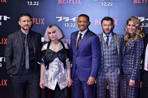 David Ayer, Noomi Rapace, Will Smith, Joel Edgerton and Dawn Olivieri bei der Premiere des Netflix-Spielfilms Bright in Roppongi Hills. Tokio, 19.12.2017