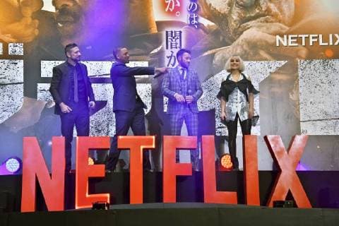 David Ayer, Will Smith, Joel Edgerton und Noomi Rapace bei der Premiere des Netflix-Spielfilms Bright in Roppongi Hills. Tokio, 19.12.2017