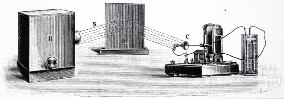 Illustration depicting Heinrich Hertz s experiment on electromagnetic waves: demonstration to prove Maxwell s contention that a metallic surface should reflect electromagnetic waves. Resonator at R sends out waves, S, which are reflected by mirror at M, and received by resonator at C. Heinrich Hertz (1857-1894) a German physicist who conclusively proved the existence of the electromagnetic waves theorised by James Clerk Maxwell s electromagnetic theory of light. Dated 20th century 917_05_WHA_106_0035