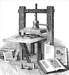 Engraving depicting Johannes Gutenberg s printer. Johannes Gutenberg (1400-1468) a German blacksmith, goldsmith, printer, and publisher who introduced printing to Europe. Dated 19th century 917_05_WHA_106_0766
