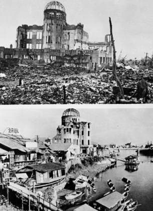 Streets and streets of rubble and debris, dominated by the ruined industrial exhibition hall - a scene from Hirsoshima before and after , razed by the world s first atomic bomb detonated on 6 August 1945 The hall has been left in its ruined state 9 years later while the city is rebuilt and boats and people return to their lives. 6 August 1954, Hiroshima Japan Copyright: Topfoto  !ACHTUNG AUFNAHMEDATUM GESCHÄTZT! UnitedArchives1380703