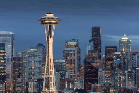 Seattle city skyline at night with illuminated office buildings and Space Needle viewed from public garden near Kerry Park, Seattle, Washington State, United States of America, North America Copyright: FrankxFell 844-14343