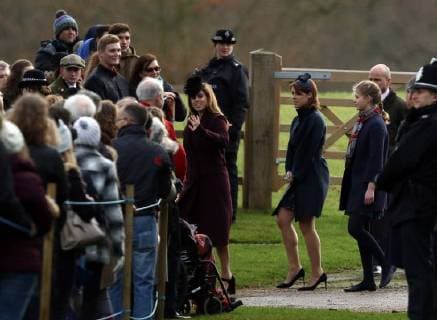 Princess Beatrice, left, Princess Eugenie and Lady Louise WIndsor leave the St. Mary Magdalene Church Sunday morning service, on Christmas Eve, in Sandringham, Norfolk, on December 24, 2017. 