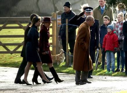 Prince Philip, Duke of Edinburgh, Princess Eugenie and Autumn Phillips arrive for the St. Mary Magdalene Church Sunday morning service, on Christmas Eve, in Sandringham, Norfolk, on December 24, 2017. 