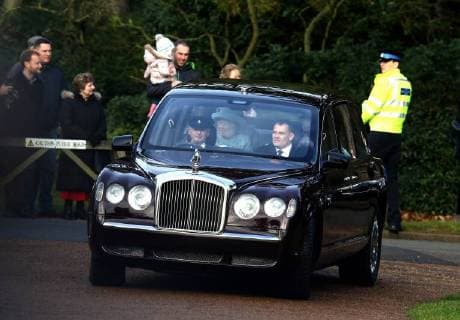 HM Queen Elizabeth II, with Sophie, Countess of Wessex, arrive for the St. Mary Magdalene Church Sunday morning service, on Christmas Eve, in Sandringham, Norfolk, on December 24, 2017. 