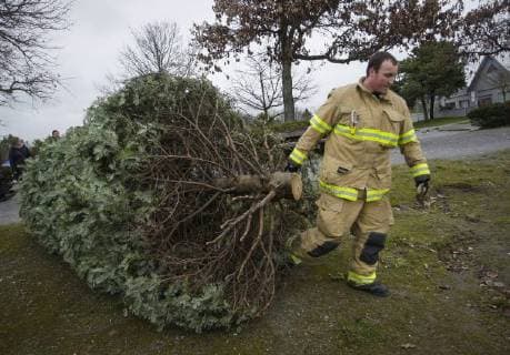(180107) -- RICHMOND, Jan. 7, 2018 -- A firefighter carries a tree for recycling during the annual Christmas tree chipping event in Richmond, Canada, Jan. 6, 2018. Collected trees will be chipped and recycled for turning them into resources. ) (zcc) CANADA-RICHMOND-CHRISTMAS TREE-CHIPPING LiangxSen 