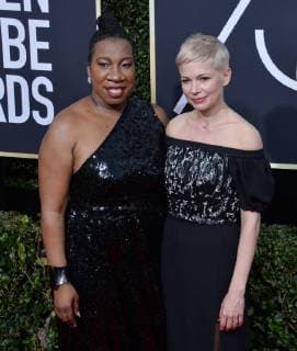 Activist Tarana Burke (L) and actor Michelle Williams attend the 75th annual Golden Globe Awards at the Beverly Hilton Hotel in Beverly Hills on January 7, 2018.  LAP201801072001