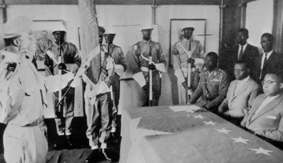 NORBERT MOKE GENERAL WITH JOSEPH KASAVUBU AND CYRILLE ADOULA IN LEOPOLDVILLE, CONGO ; 7 FEBRUARY 1963, Copyright: Topfoto  UnitedArchivesIPU450856