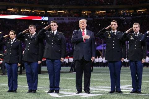 January 8, 2018 - GA, USA - President Donald Trump participates in the national anthem at the College Football Playoff National Championship at Mercedes-Benz Stadium on Monday, Jan. 8, 2018 in Atlant, Ga. USA - ZUMAm67_ 32025627sp Copyright: xCurtisxComptonx