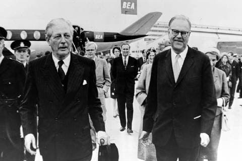 BRITISH PREMIER HAROLD MACMILLAN IN STOCKHOLM, SWEDEN WITH TAGE ERLANDER ; 12 AUGUST 1963, Copyright: Topfoto  UnitedArchivesIPU461750
