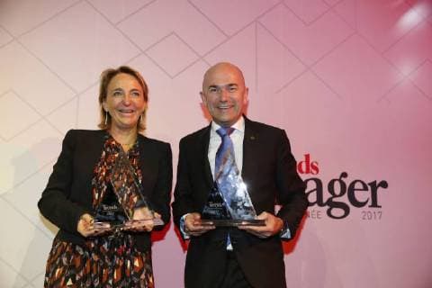 Sioen Industries CEO Michele Sioen and Ice Watch CEO Jean-Pierre Lutgen pose with their awards of Flemish and French-speaking manager of the year at the award ceremony for the Manager of the Year 2017, Tuesday 09 January 2018 in Brussels. Flemish business magazine Trends and french-speaking counterpart Trends-Tendance have a yearly tradition of electing a Flemish and a french-speaking manager of the year.  NICOLASxMAETERLINCK 05273036