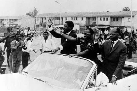 ALBERT KALONJI WITH NEW CONGO S PREMIER MOISE TSHOMBE AND ANTOINE GIZENGA IN LEOPOLDVILLE, CONGO ; 18 JULY 1964, Copyright: Topfoto  UnitedArchivesIPU480990