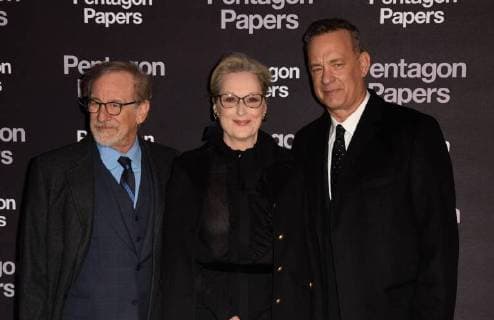 Pentagon Papers Premiere in Paris Steven Spielberg ( realisateur ) - Meryl Streep ( actrice ) - Tom Hanks ( acteur ) CELEBRITES : Avant premiere du film PENTAGON PAPERS - Paris - 13 01 2018 FedericoPestellini Panoramic 