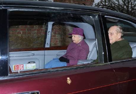 HM Queen Elizabeth II and Prince Philip, Duke of Edinburgh both take the car back to Sandringham House (Prince Philip, Duke of Edinburgh normally walks to and from church), after attending the St. Mary Magdalene Church Sunday morning service, in Sandringham, Norfolk, on January 14, 2018 