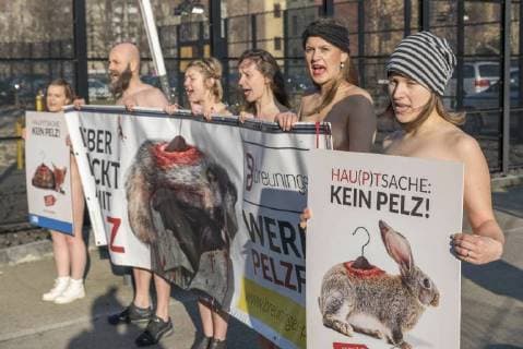 Aktivisten des Deutsches Tierschutzbüros protestieren nackt gegen die Nutzung von Pelzen vor dem Berliner eWerk der Fashion Week Berlin snapshot-photography F.Boillot