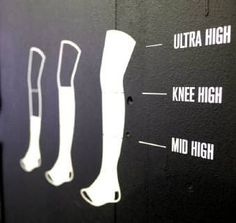 Berlin. 16 JAN 2018. Grafik beschreibt drei unterschiedliche Kniestrumpflängen am American Socks Messestand auf der BRIGHT Tradeshow. Skate- und Streetwear. Arena Berlin Treptow. BRIGHT XXVI. EUROPE S LEADING TRADE SHOW FOR STREET AND URBAN WEAR, SKATEBOARDING AND BOARDSPORT. Berlin Fashion Week. Copyright: Priller&MAUG PRM205498X