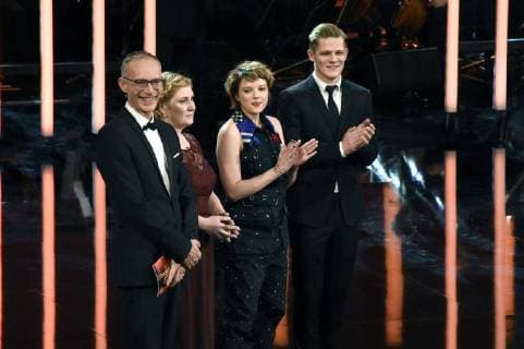 Christoph Süss, Jella Haase und Max von der Groeben bei der Verleihung des 39. Bayerischen Filmpreises 2017 im Prinzregententheater. München, 19.01.2018