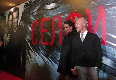 MOSCOW, RUSSIA - JANUARY 25, 2018: Actor and director Fyodor Bondarchuk (R) and actress Paulina Andreyeva attend the Moscow premiere of Nikolai Khomeriki s Selfie film at the Karo 11 Oktyabr Cinema. Artyom Geodakyan TASS  TS0711B0