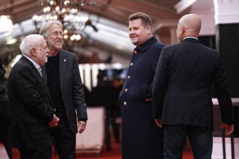 NEW YORK, NY - JANUARY 25: Host James Corden, Recording Academy President CEO Neil Portnow, Executive Producer of the 60th Annual GRAMMY Awards Ken Ehrlich, and CBS EVP, Specials, Music & Live Events Jack Sussman Roll Out the 60th Annual Grammy Red Carpet at Madison Square Garden on January 25, 2018 in New York City. Copyright: xDiegoxCorredor MediaPunchx