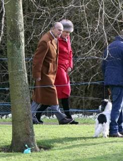 Prince Philip, Duke of Edinburgh, is oblivious to the fact that a dog owner (not the dog dog owner pictured) has put a green poo bag behind a tree, on his way to attending the St. Mary Magdalene Church Sunday morning service, in Sandringham, Norfolk, on January 28, 2018 